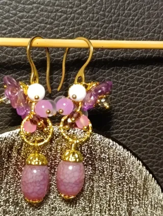 Orecchini fiori rosa giada acciaio