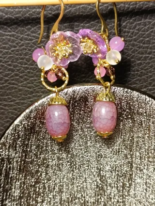 Orecchini fiori rosa giada acciaio