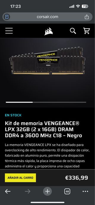 2x 16GB DDR4 3600MHz Vengeance LPX RAM