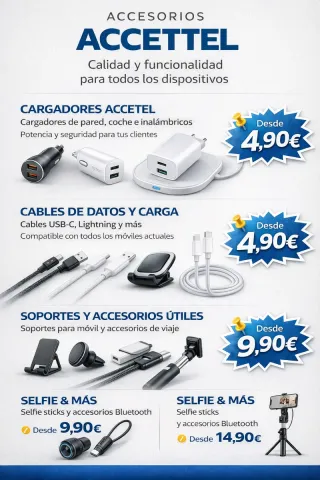 Cargadores Accetel: Pared, Coche e Inalámbricos