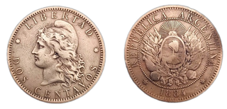 Argentina 2 Centavos 1884 y 1892 Liberty monedas