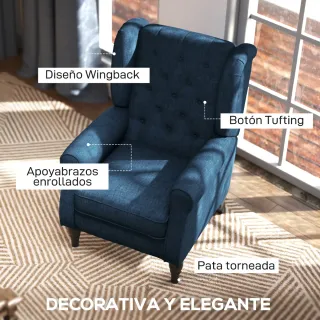 Sillón de salón azul con patas de madera
