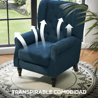 Sillón de salón azul con patas de madera