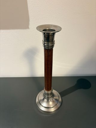 Candelabro antiguo metal plateado y madera