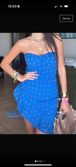 Vestido mango azul con lunares rosa