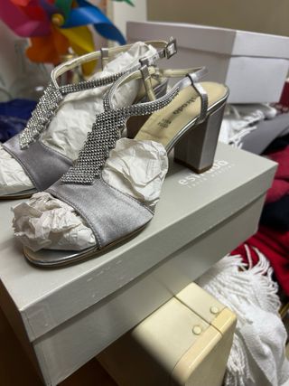 Sandalo Estrada donna tacco argento strass 38