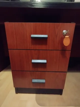 Escritorio de madera y su cajonera con ruedas.