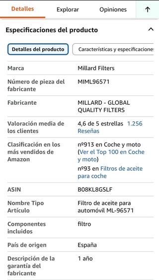 Filtro de aceite millard ref: ml 96571