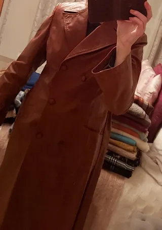 ABRIGO Gabardina de Piel Auténtica Marrón