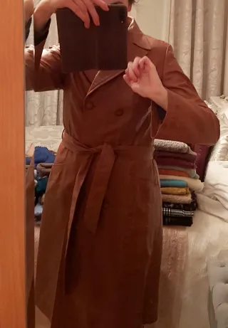 ABRIGO Gabardina de Piel Auténtica Marrón