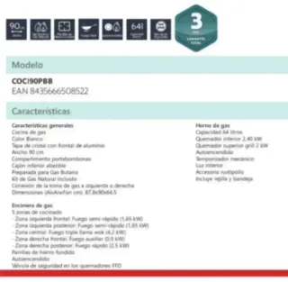 Cocina de gas 90 cm Johnson COCI90PBB