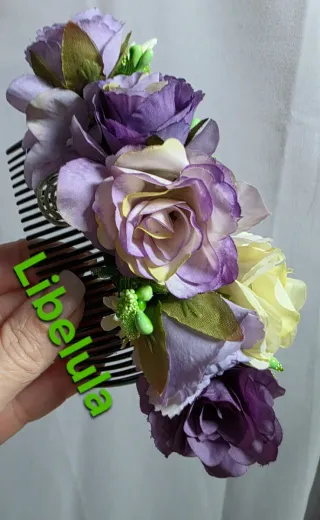 Peineta Huertana Flores Moradas y Amarillas