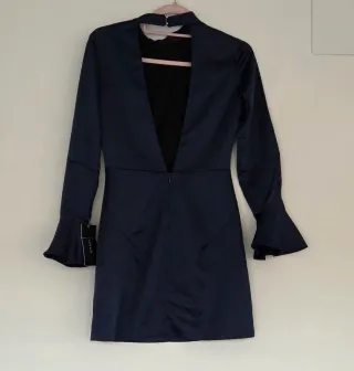 Vestido Zara Marino Satén Manga Campana Talla XS