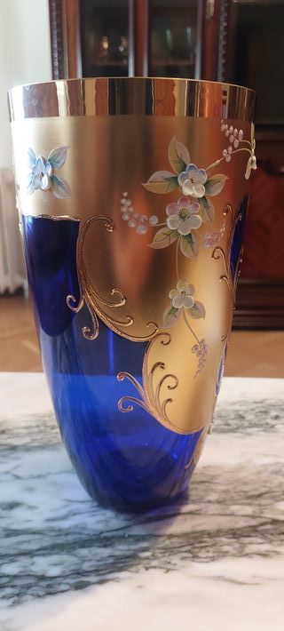 Jarrón Cristal Art Nouveau Azul Dorado