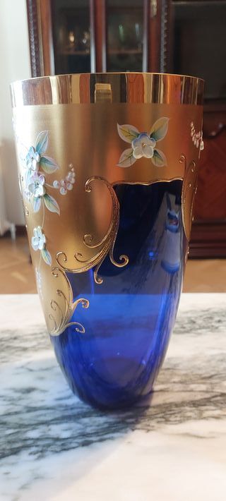 Jarrón Cristal Art Nouveau Azul Dorado