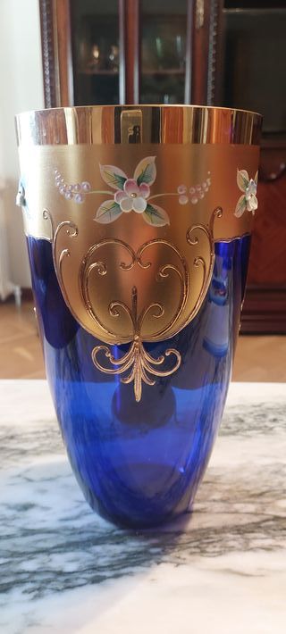 Jarrón Cristal Art Nouveau Azul Dorado