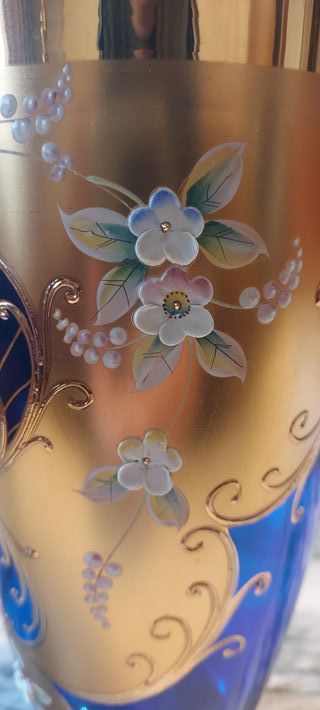 Jarrón Cristal Art Nouveau Azul Dorado