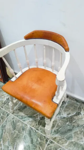 Silla Antigua Escritorio Piel Latón Madera Vintage