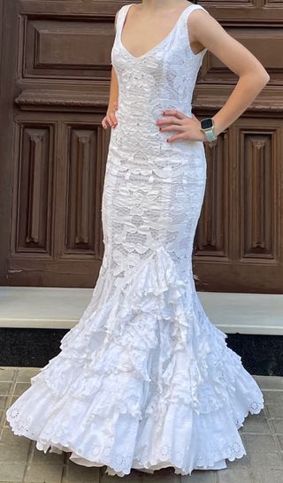 Traje de Flamenca elástico encaje Blanco T3436