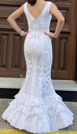 Traje de Flamenca elástico encaje Blanco T3436