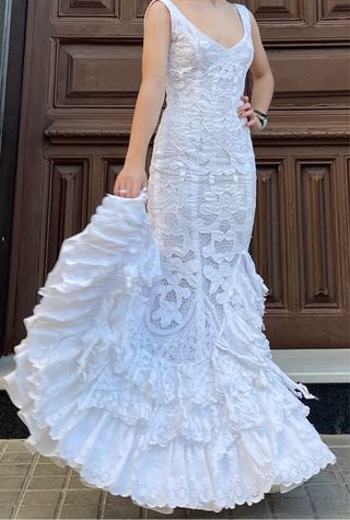 Traje de Flamenca elástico encaje Blanco T3436