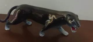 Pantera de Porcelana Vintage, Negra y Dorada