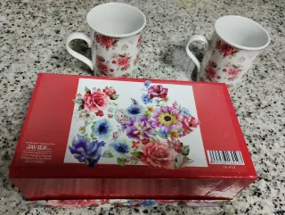Juego 2 Tazas Porcelana Flores Rosas