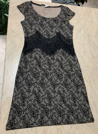 Abito grigio con pizzo nero floreale donna Promod