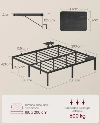 VASAGLE Marco Cama Matrimonio Negro