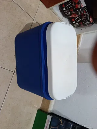 Nevera de playa azul y blanca