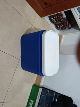 Nevera de playa azul y blanca