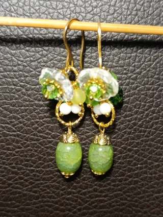 Orecchini Murano Giada Verde olive,bianca,Acciaio