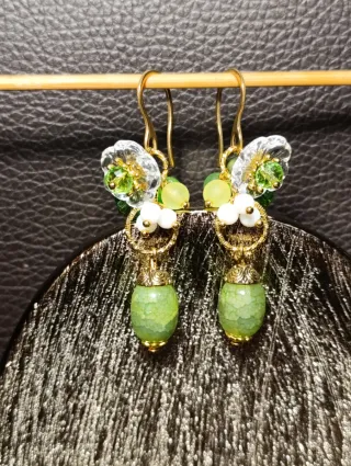 Orecchini Murano Giada Verde olive,bianca,Acciaio