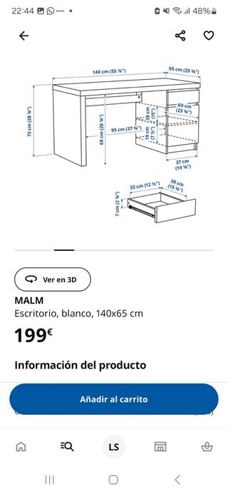 Mesa escritorio Ikea modelo MALM, 140x65 cm