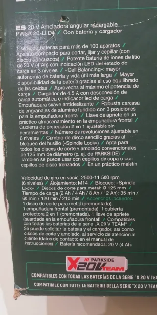 Amoladora Angular Parkside 20V Recargable