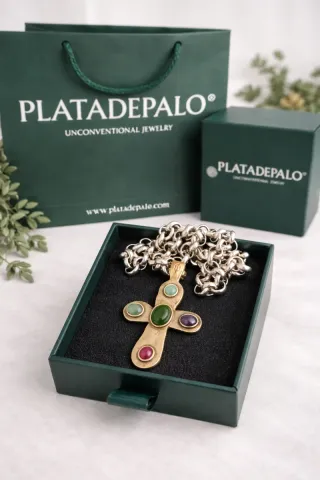 Collar Plata de Palo Cruz Piedras Multicolores