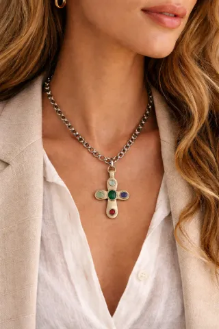 Collar Plata de Palo Cruz Piedras Multicolores