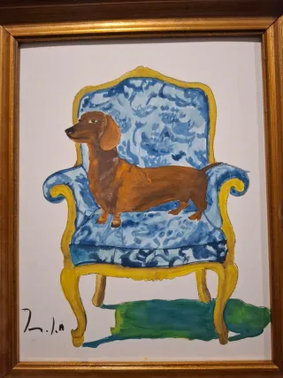 Acuarela perro salchicha en sillón