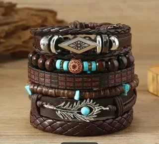 Conjunto 6 Pulseras Cuero y Turquesa