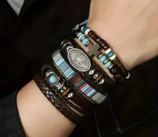 Conjunto 6 Pulseras Cuero y Cuentas