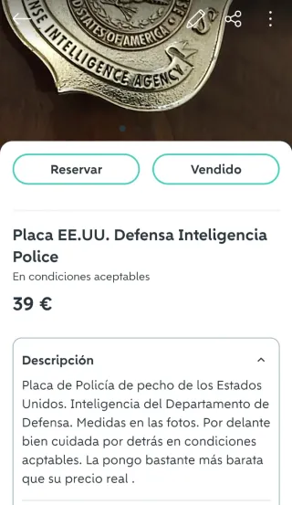 Placa Agente Especial defensa USA police policía