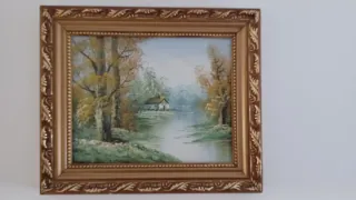 Cuadro al óleo paisaje casa río..