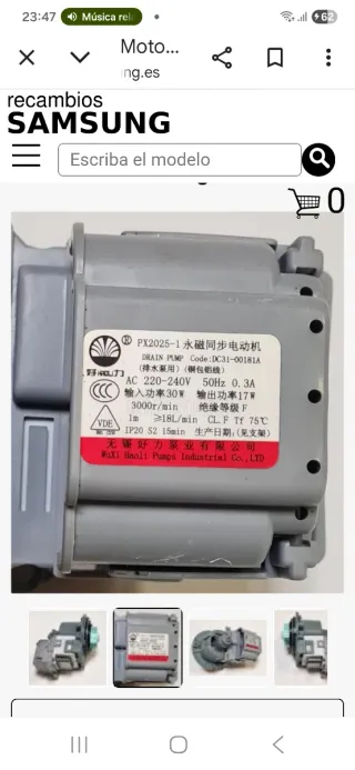 Bomba de desague lavadora Samsung serie 7