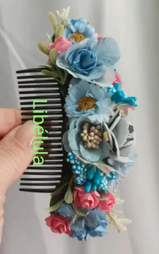 Peineta Huertana Flores Azul y Rosa