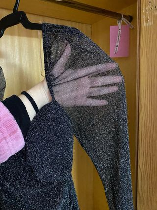 Vestido fiesta brillos manga larga transparente