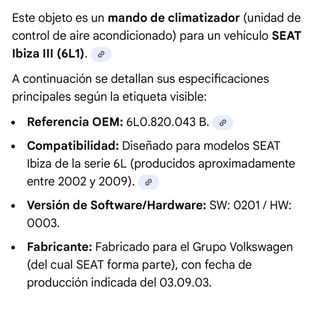 Mando Climatizador SEAT 6L0.820.043 B