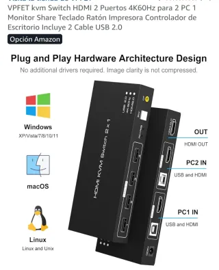 Switch conexión 2 pc a 1 monitor