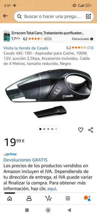 Casals VAC-100 - Aspirador para Coche, 100W