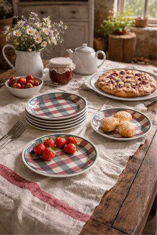 Juego de platos de cerámica a cuadros