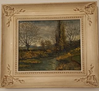 Cuadro paisaje río y árboles